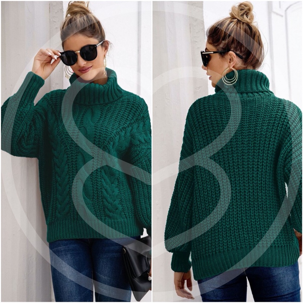 Green chunky knit turtleneck pullover sweater - Picture 2 of 2